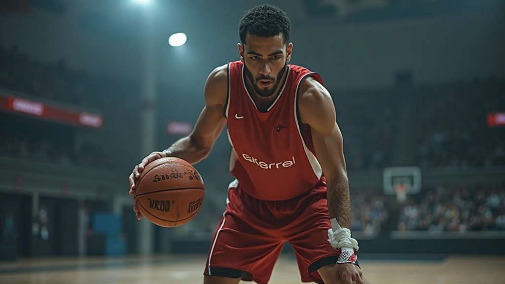 لاعب يقوم بتمارين تدريب متقدمة مع كرة السلة تحت إشراف مدرب محترف في ملعب رسمي