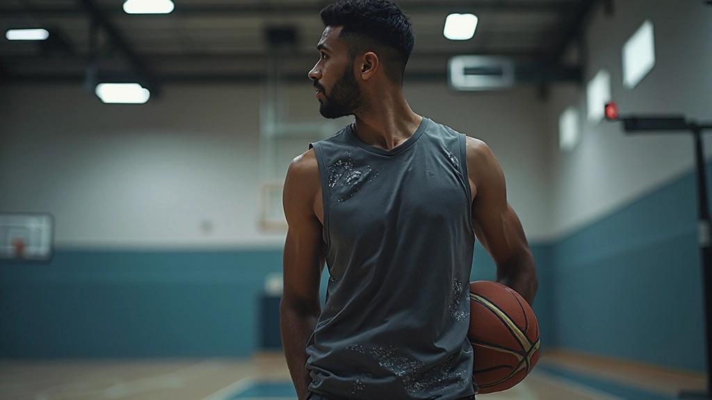 لاعب كرة سلة يرتدي علامات تتبع حركة في صالة تدريب مزودة بكاميرات متقدمة لتحليل الأداء