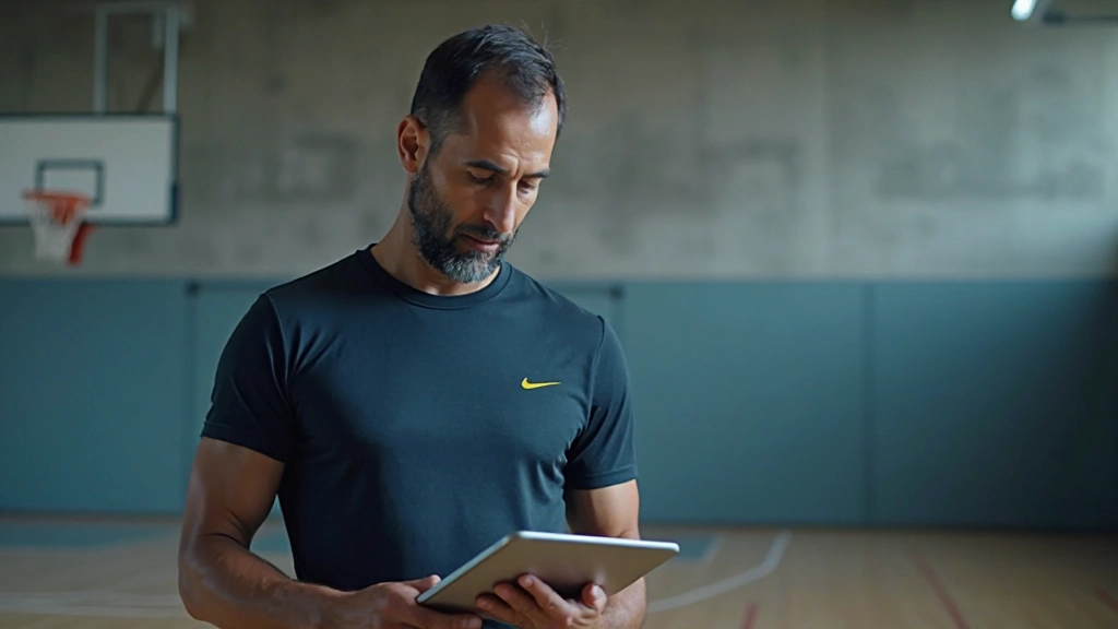 محترف يستخدم تطبيق تحليل الأداء على جهاز لوحي أثناء مراقبة تدريب فريق كرة السلة