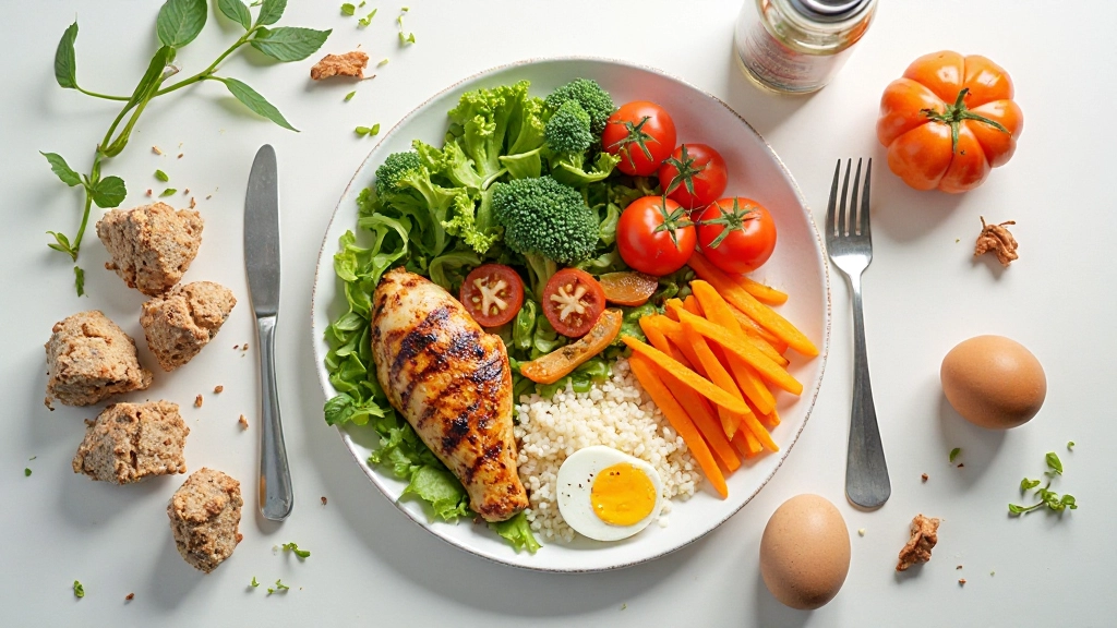 طاولة تعرض وجبات غذائية متوازنة خاصة بلاعبي كرة السلة تحتوي على بروتينات وخضروات وفواكه