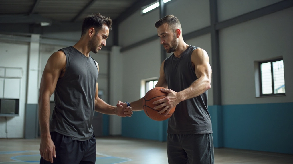 مدرب رياضي متخصص يساعد لاعب كرة سلة على تحسين تقنية القفز باستخدام معدات تدريبية حديثة