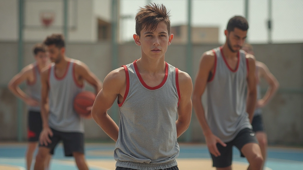 مجموعة من لاعبي كرة السلة الناشئين يتدربون على تمارين التمدد والإحماء قبل الجلسة الرئيسية